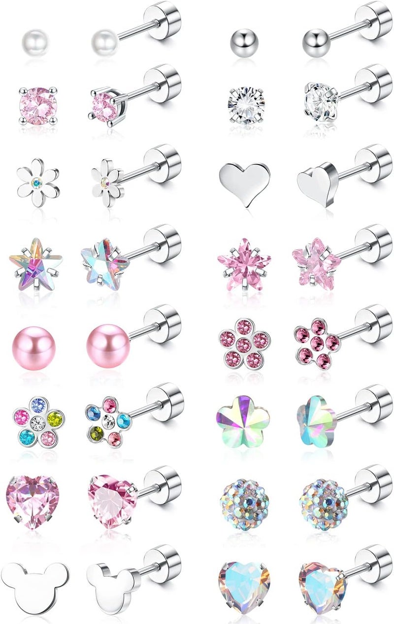 Jstyle 16 Pairs Hypoallergenic Earrings For Girls Women Surgical Steel Screwback Earrings for Sensitive Ears Cute Todder Earrings Kid Earrings Flat Back Stud Earrings - Image 1